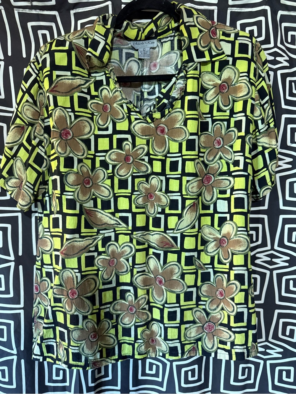 Vintage-Inspired Floral Grid Short-Sleeve Blouse — Yellow & Black